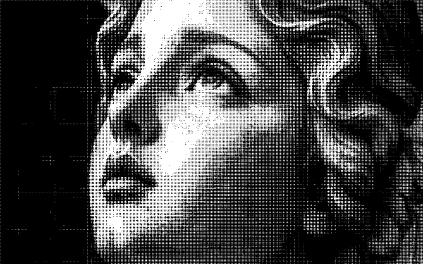 Marble figure looking upward, monochrome