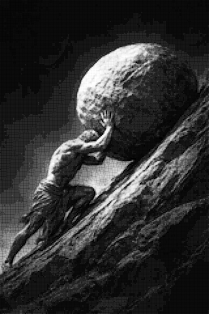 Sisyphus pushing a boulder uphill, monochrome